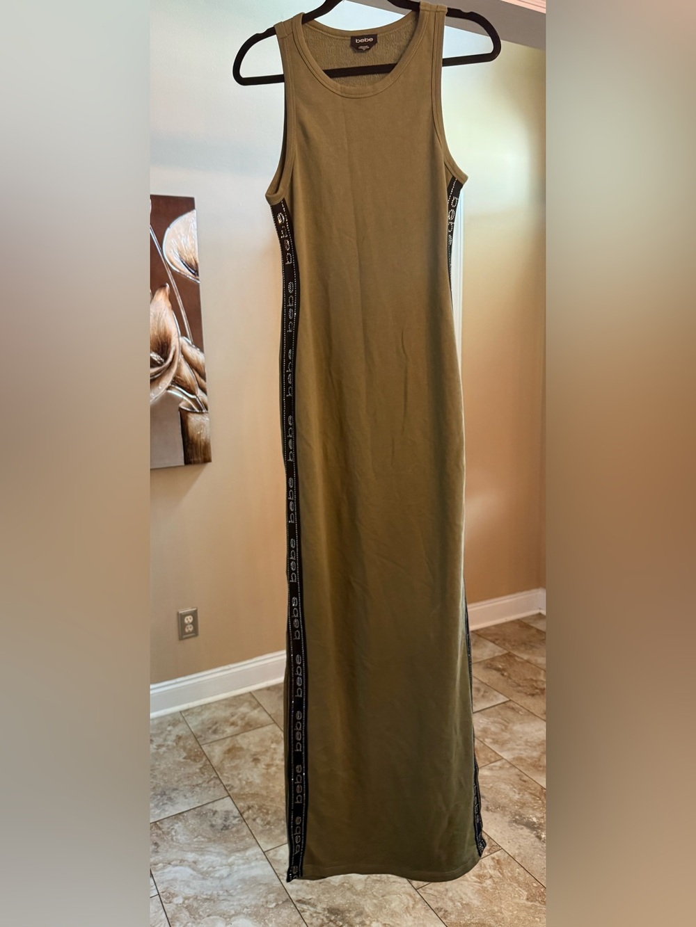 bebe Olive Green Logo-Trim Tank Maxi Dress